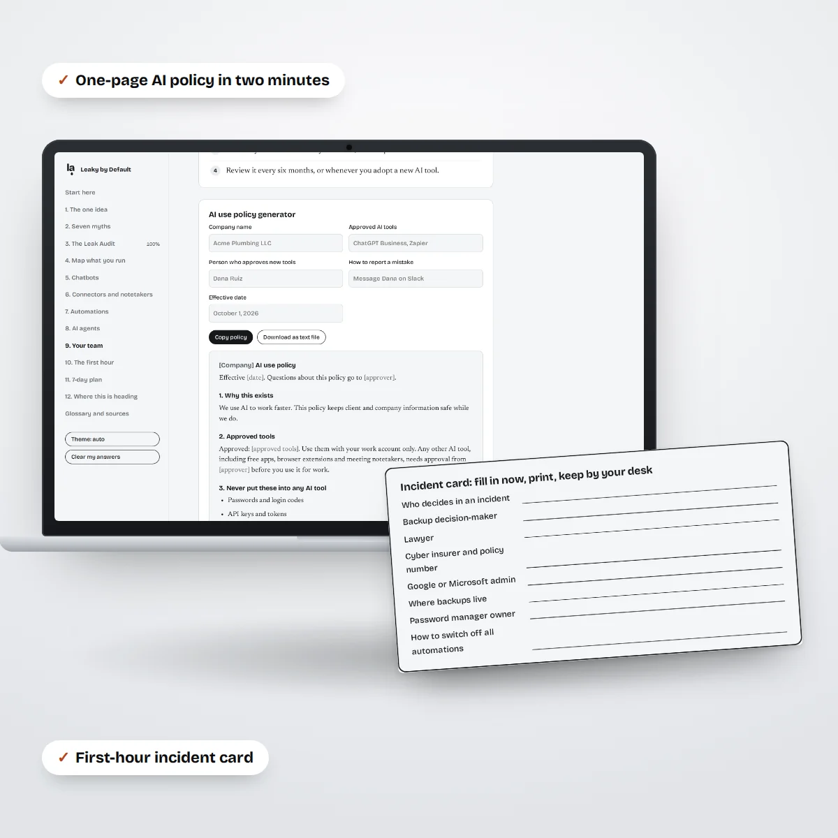 The AI policy generator on a laptop next to the printed first-hour incident card