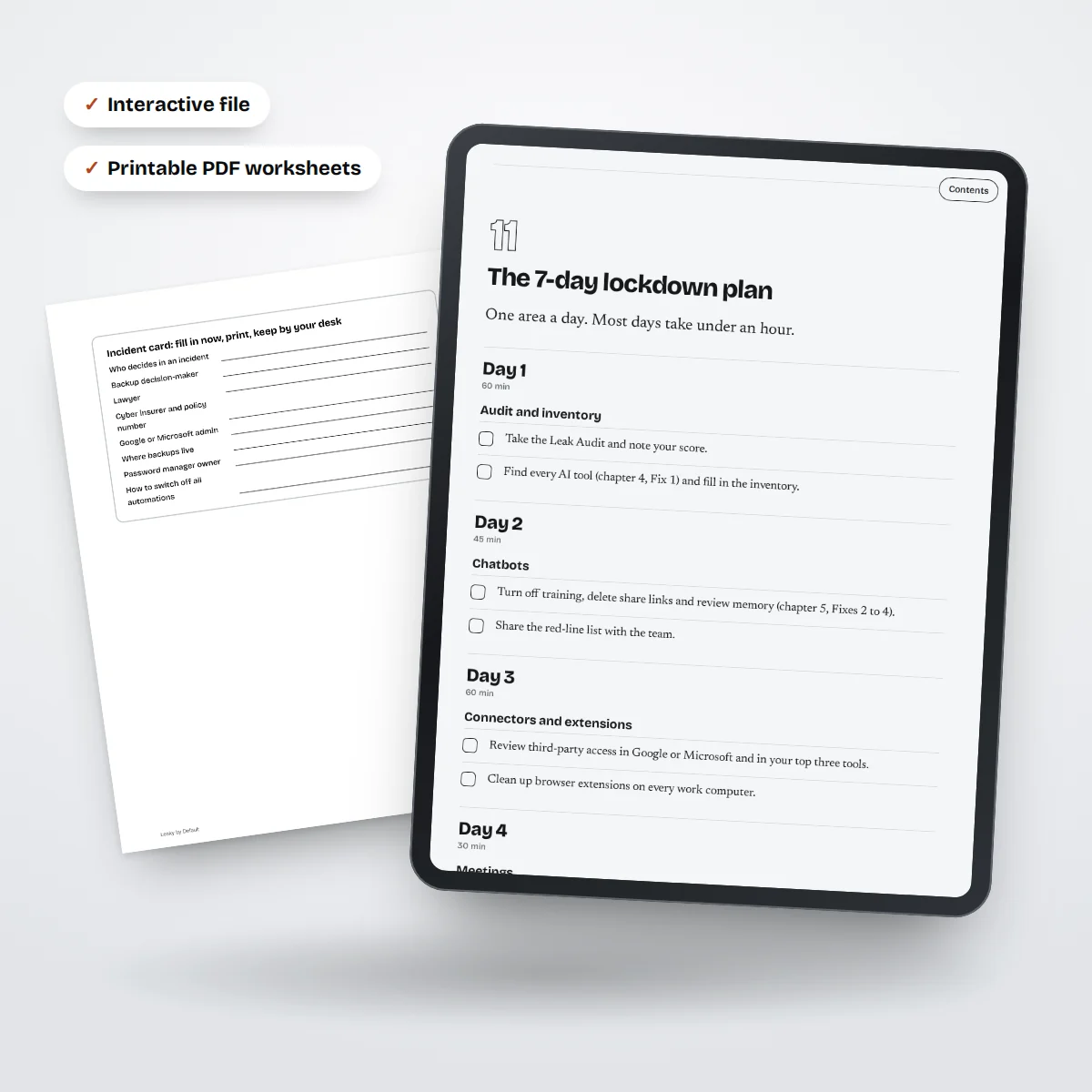 The 7-day lockdown plan on a tablet next to a printed worksheet