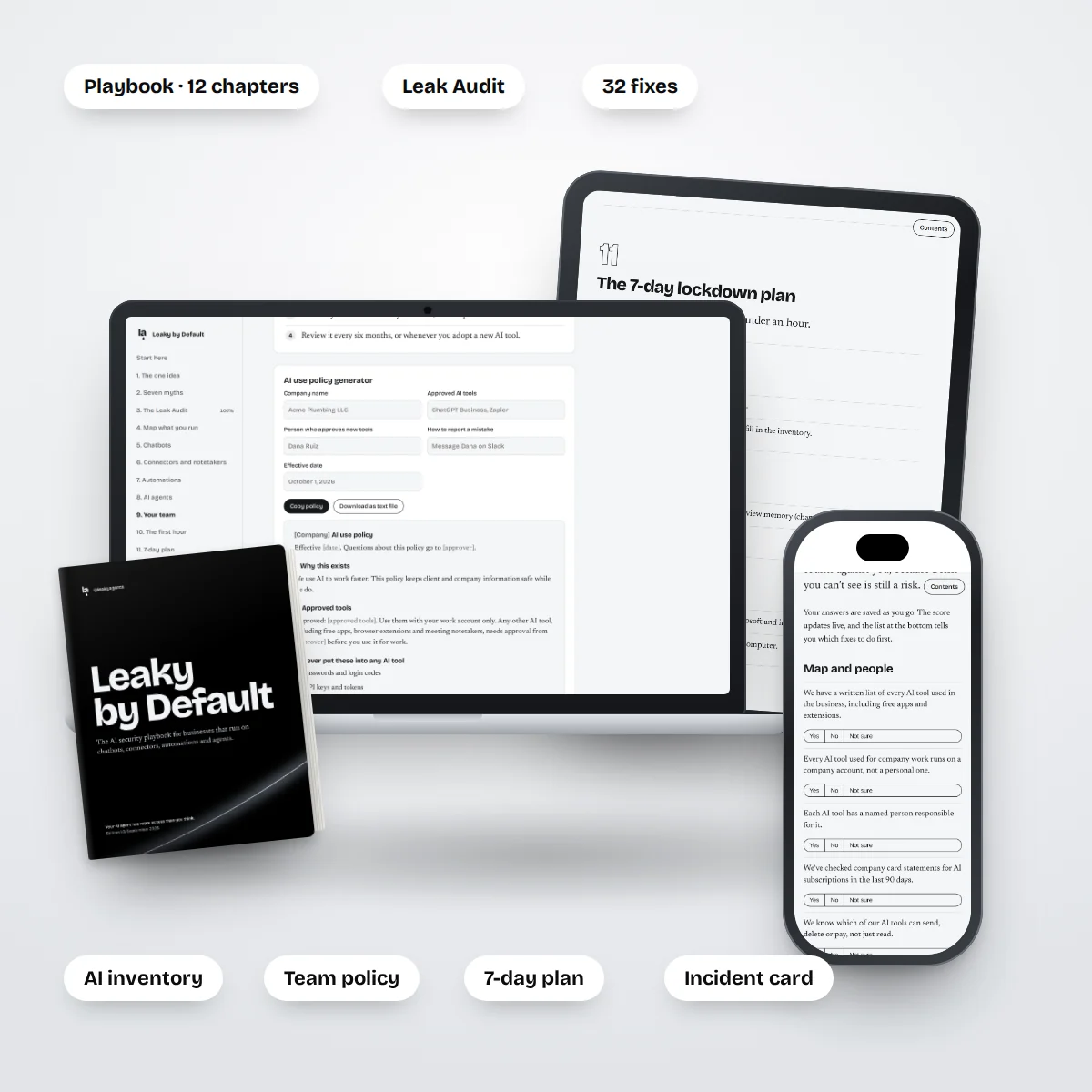 The playbook on a laptop, tablet and phone with the printed book, labelled with every part of the kit